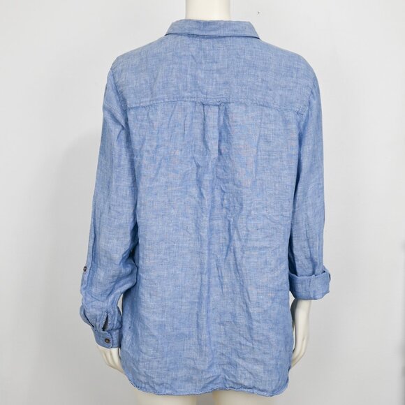 PURE LINEN Half Button Down Roll Tab Long Sleeve Shirt Quarter Sleeve Denim Blue - Picture 3 of 4